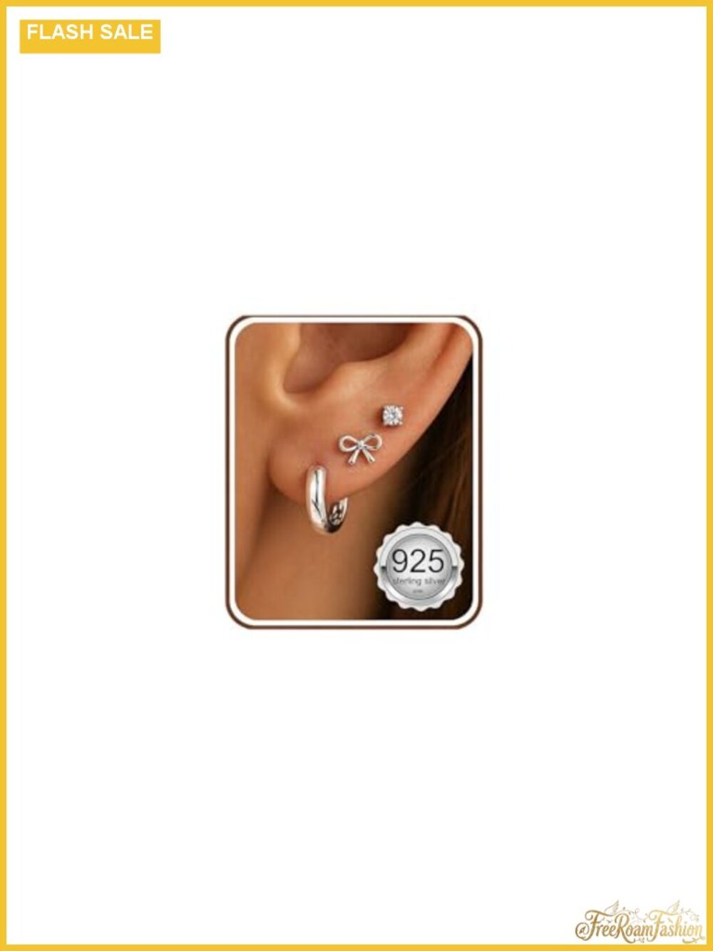 3 Pairs 925 Sterling Silver Gold Plated Earrings Set CZ Studs Bow Huggie Hoop